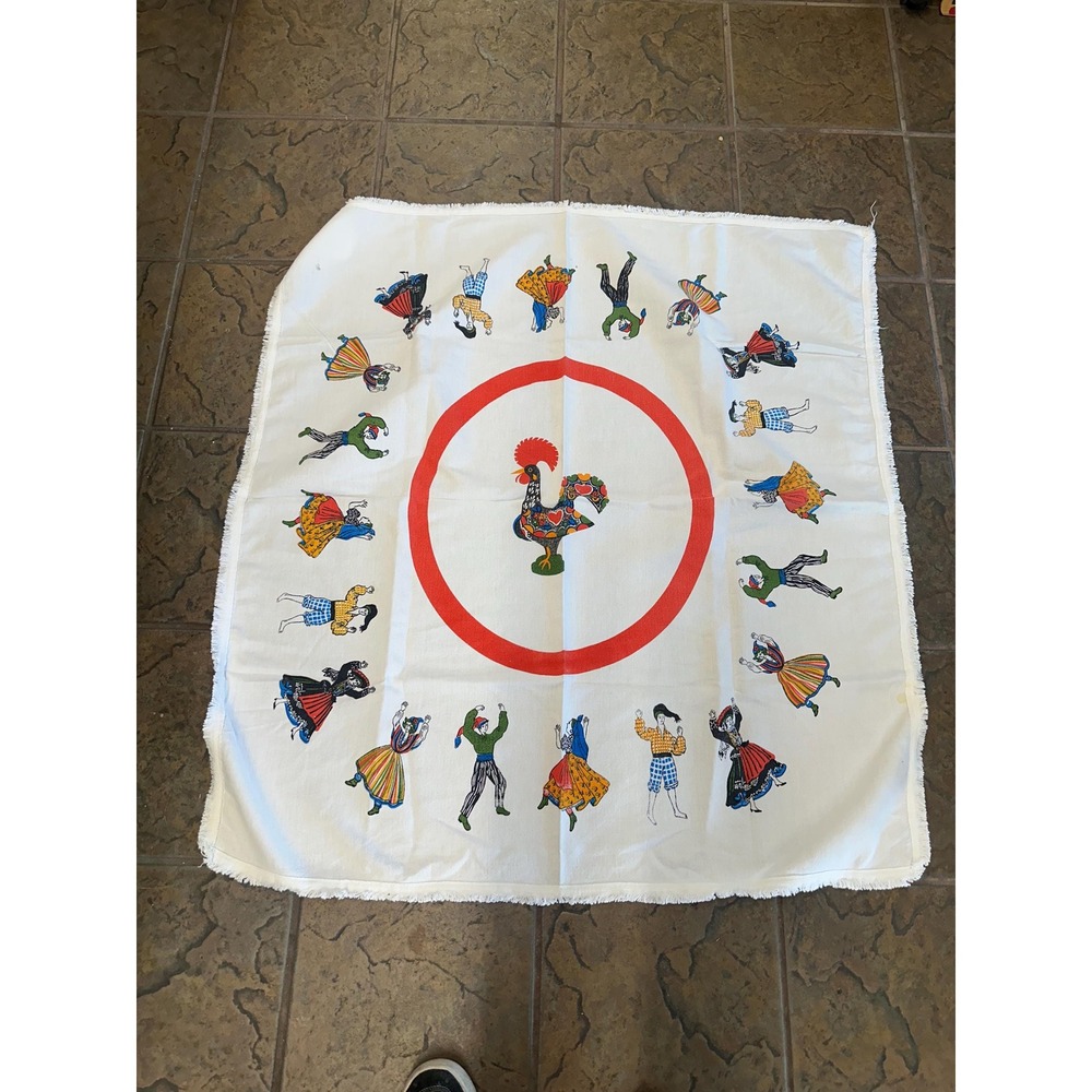 Vintage Portuguese Galo de Barcelos Folk Dancers Tablecloth 45" Folk Art